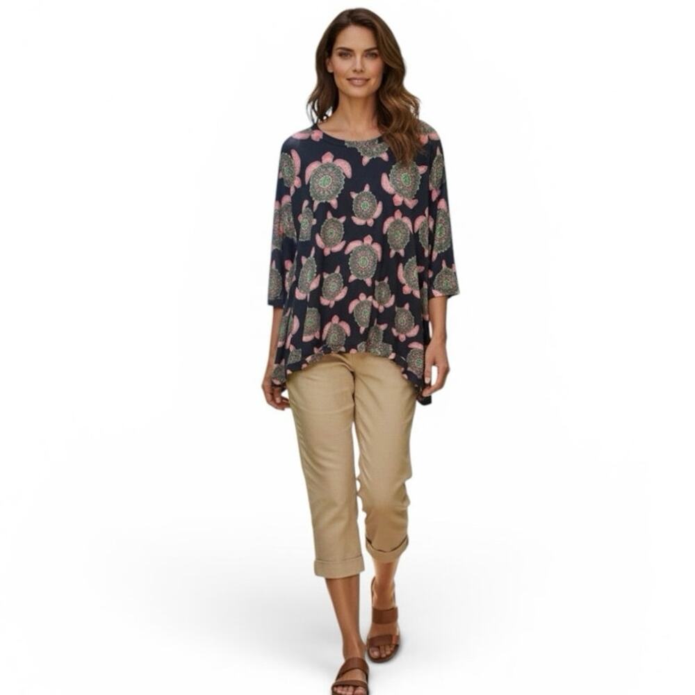 Simply Southern Turtle Coastal Print Tunic Black Pink Tropical Resort size XL